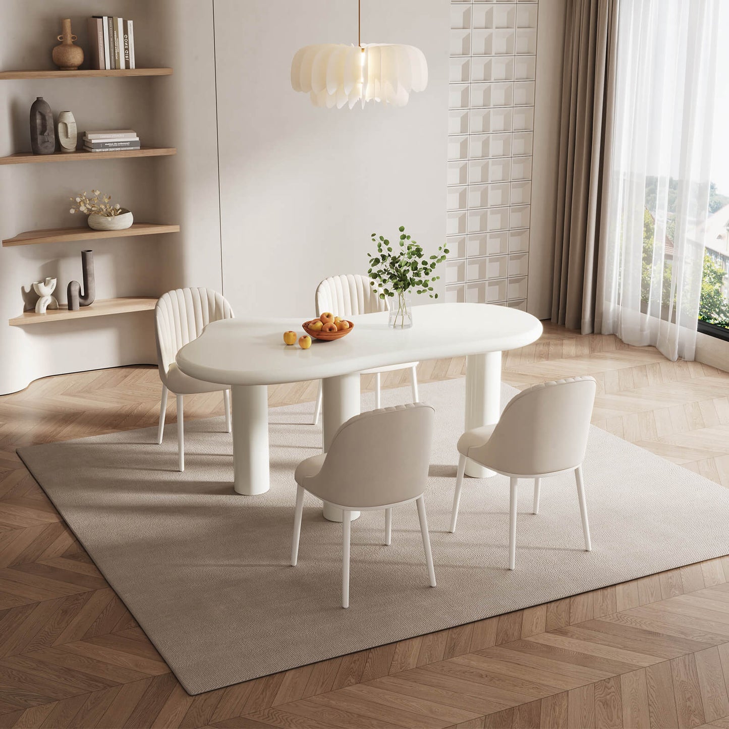 Guyii Modern Cream White Dining Table Set 62" Irregular with 4 Chairs for Kitchen