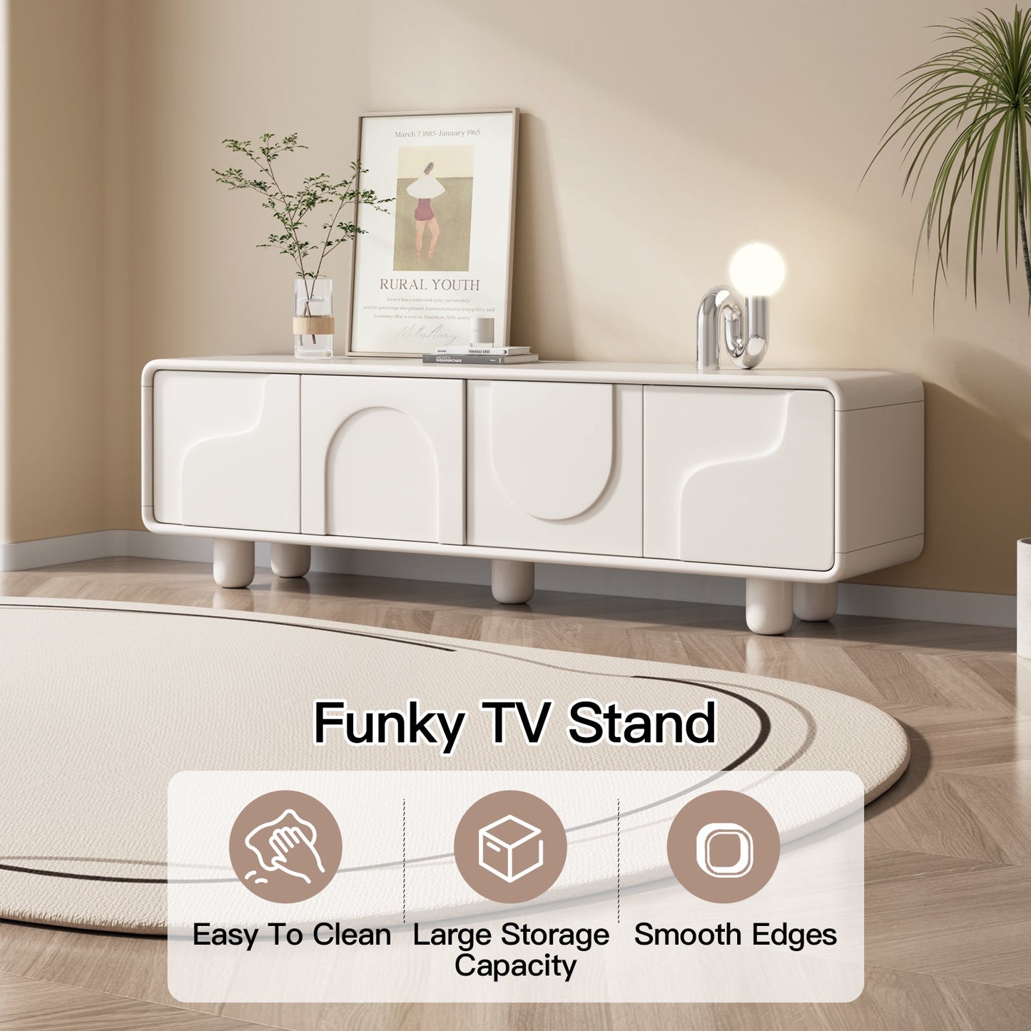 Guyii 68.89" Modern TV Cabinet, Creamy White TV Stand with 4 Storage Cabinets
