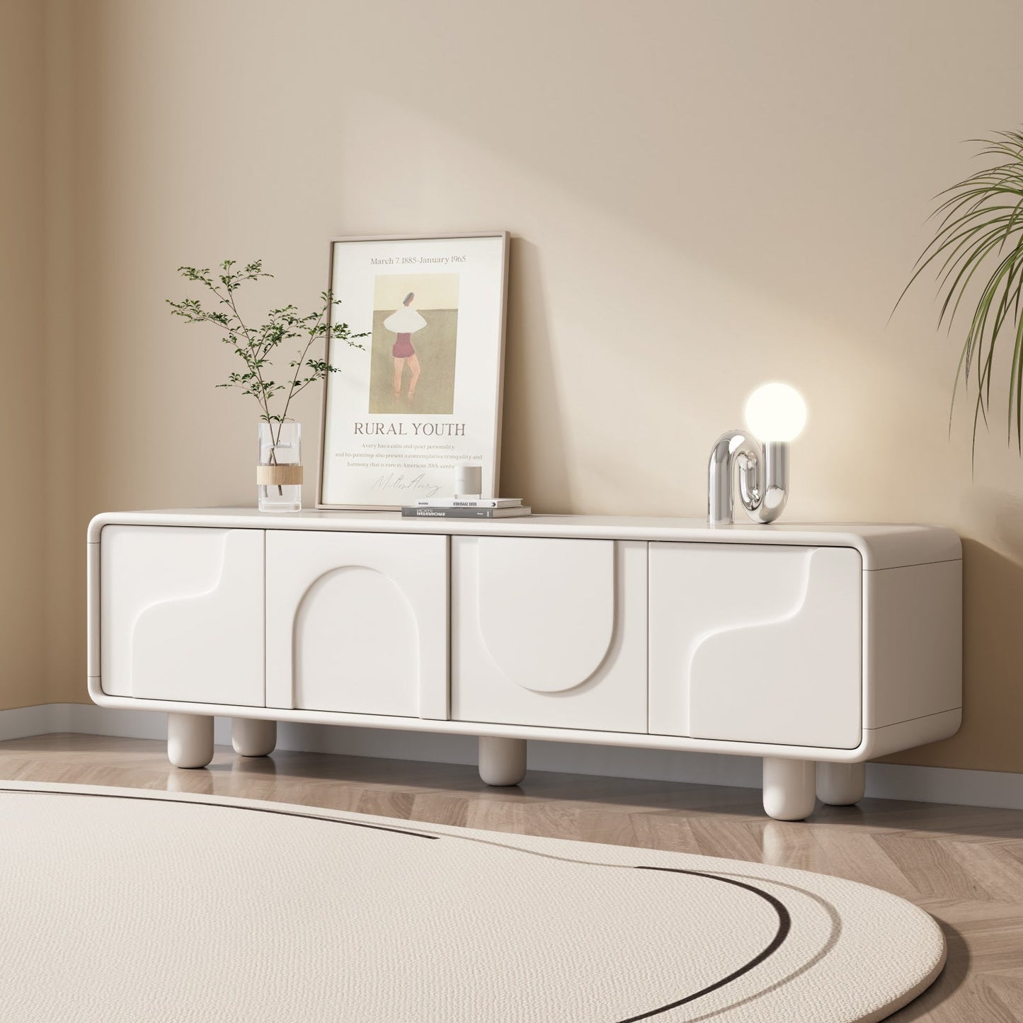 Guyii 68.89" Modern TV Cabinet, Creamy White TV Stand with 4 Storage Cabinets