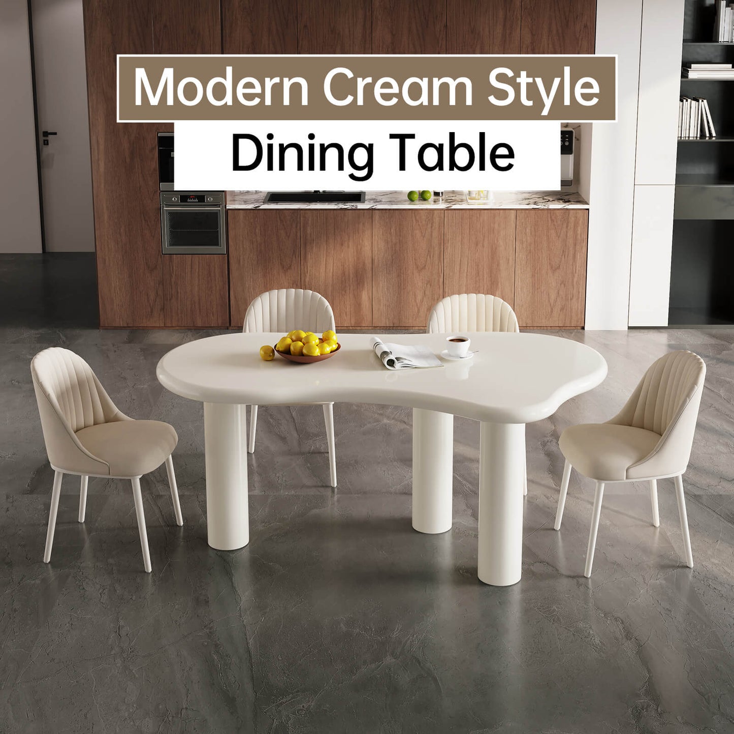 Guyii Modern Cream White Dining Table Set 62" Irregular with 6 Chairs for Kitchen