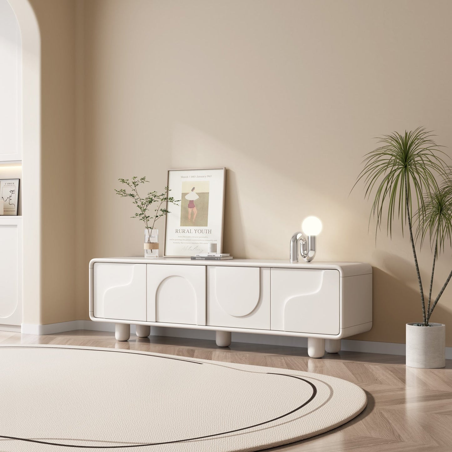 Guyii 68.89" Modern TV Cabinet, Creamy White TV Stand with 4 Storage Cabinets