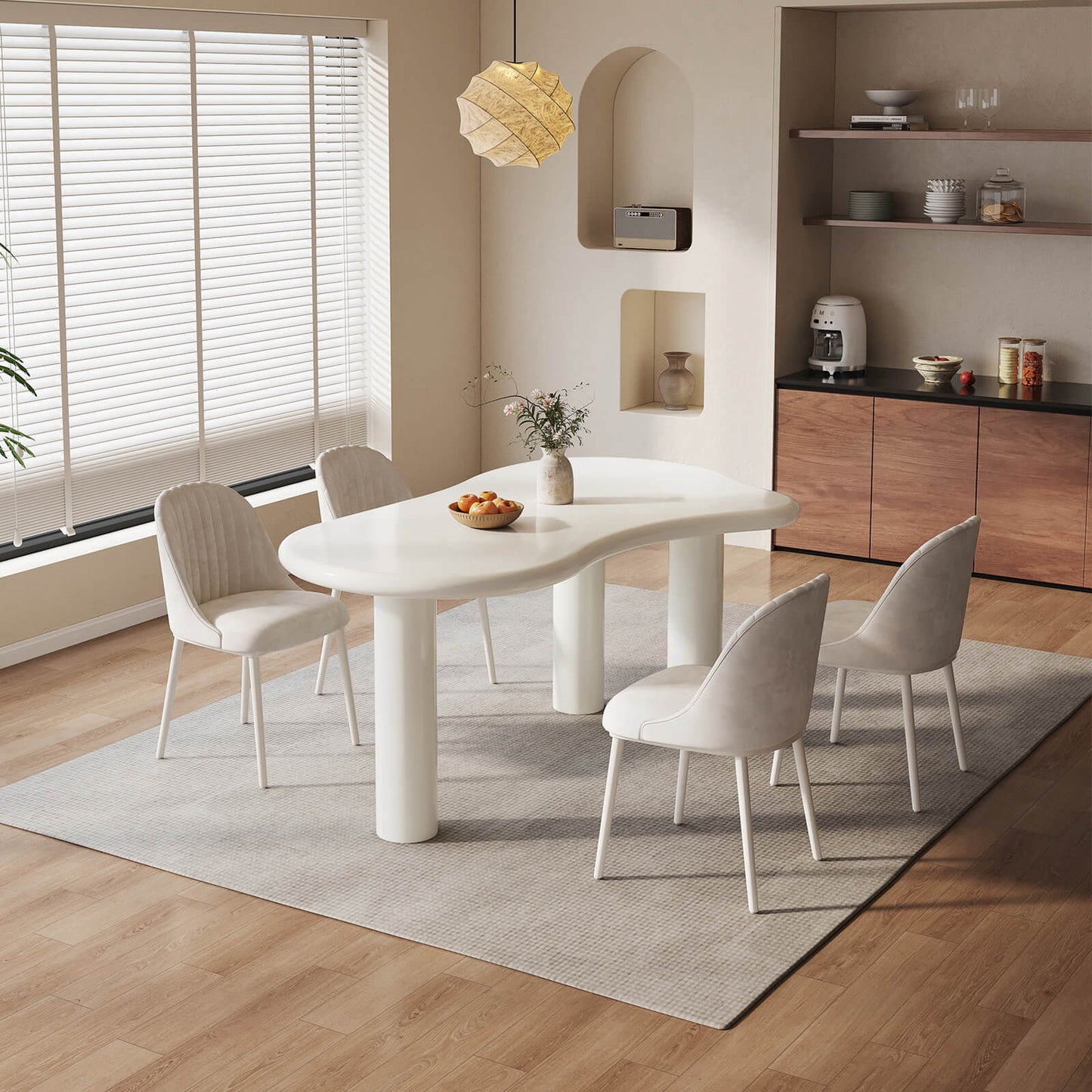 Guyii Modern Cream White Dining Table Set 62" Irregular with 6 Chairs for Kitchen