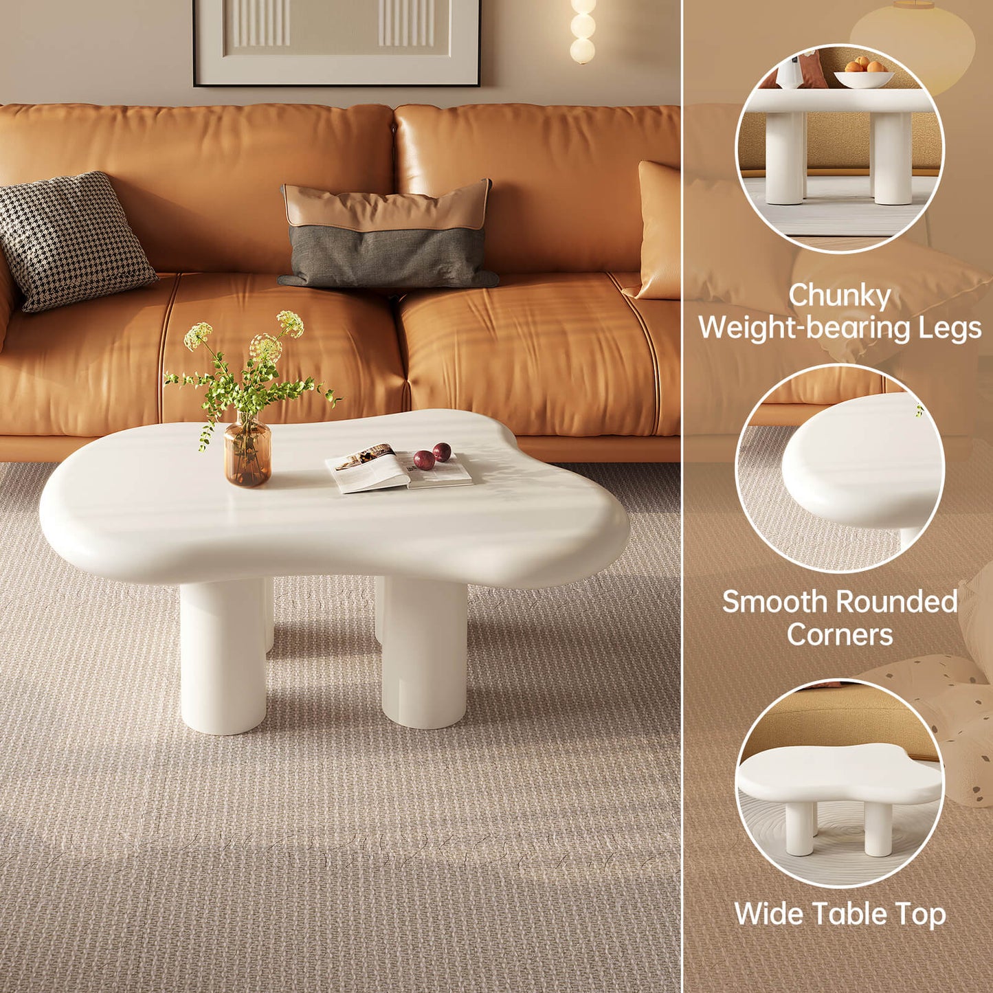Guyii 35.82" Cream White Cloud Coffee Table, Cute Modern Coffee Table with 4-Leg Design