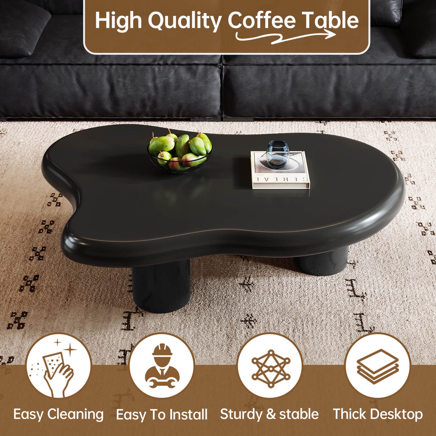 Guyii 46.06" Black Cloud Coffee Table, Cute Modern Coffee Table with 3-Leg Design