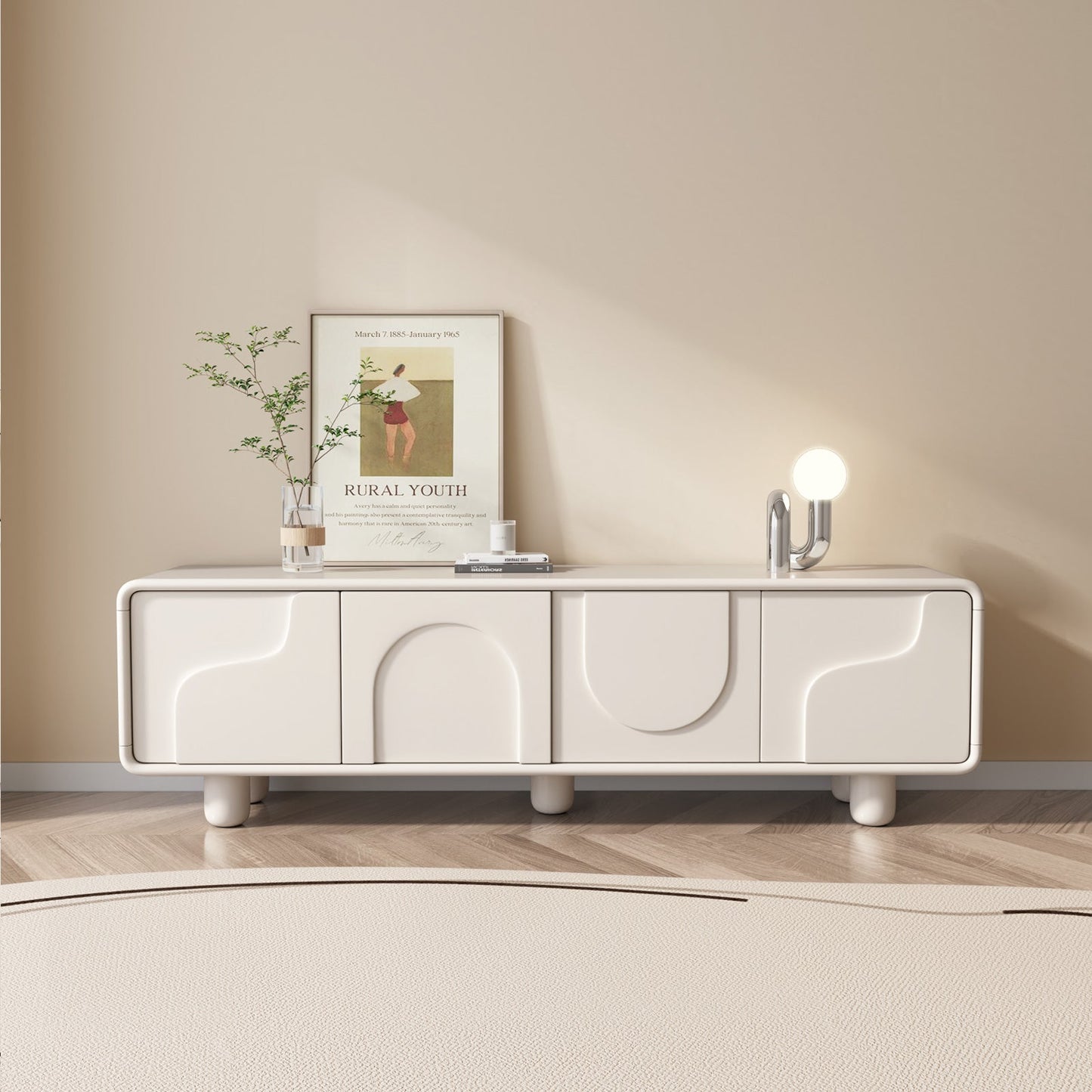 Guyii 68.89" Modern TV Cabinet, Creamy White TV Stand with 4 Storage Cabinets