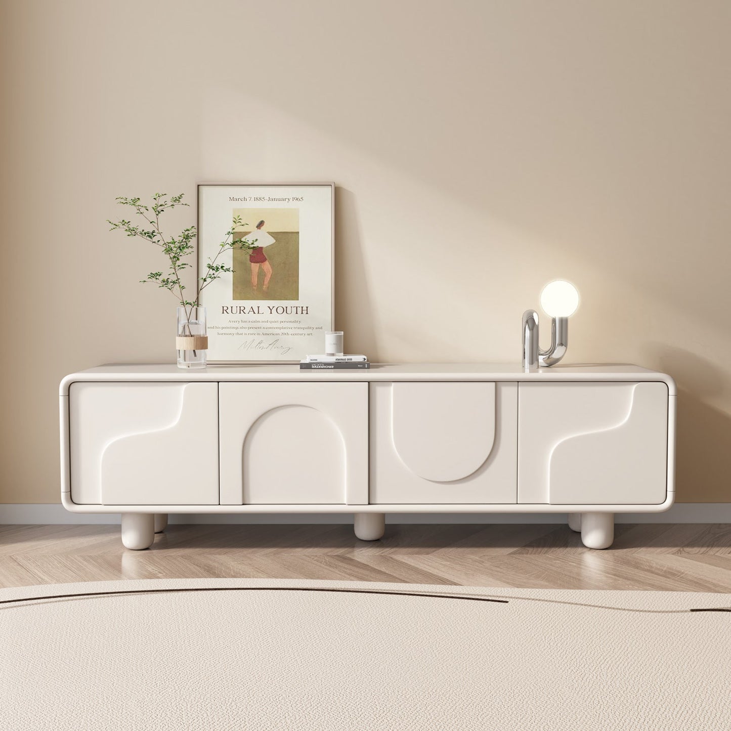 Guyii 68.89" Modern TV Cabinet, Creamy White TV Stand with 4 Storage Cabinets