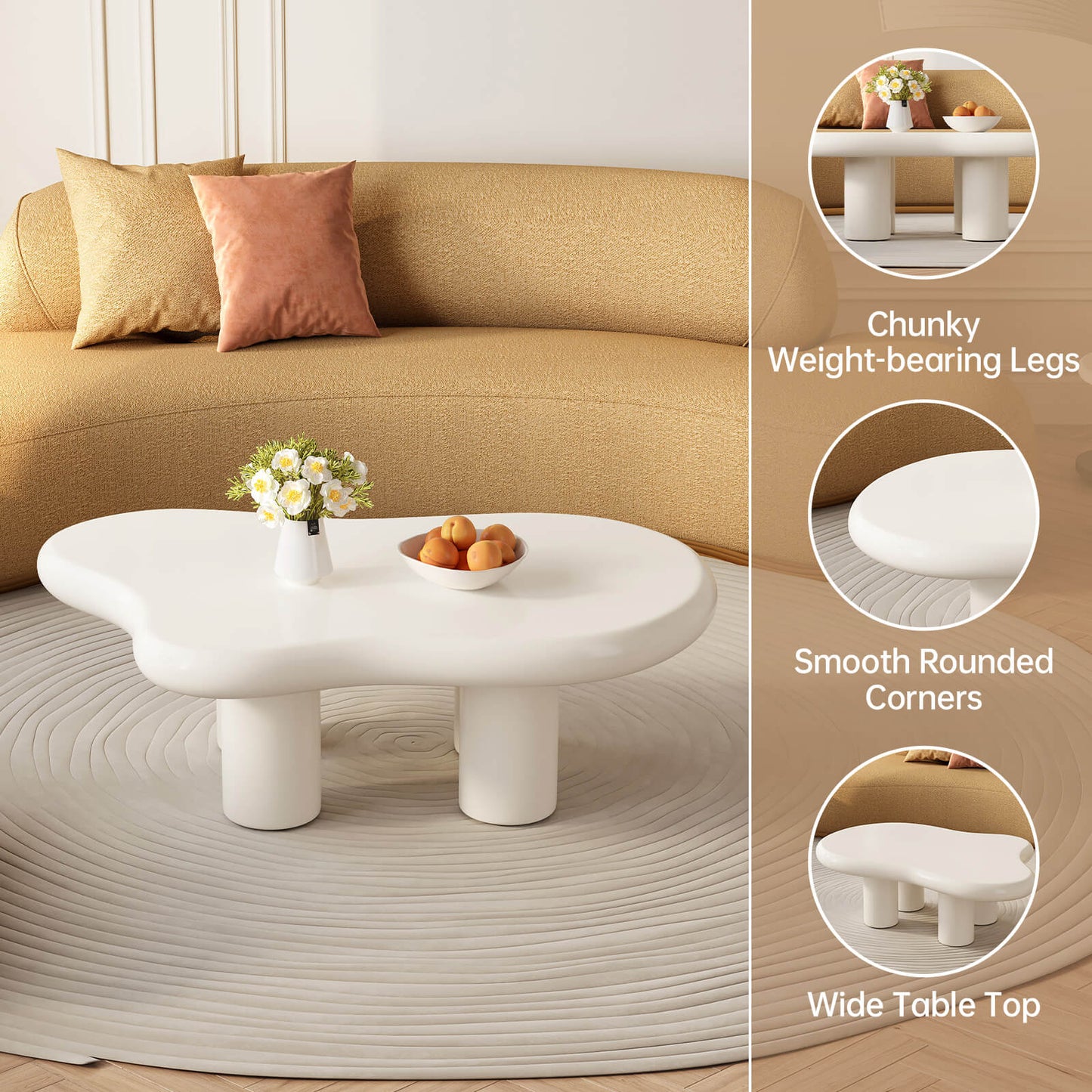 Guyii 46.06" Cream White Cloud Coffee Table, Cute Modern Coffee Table with 4-Leg Design