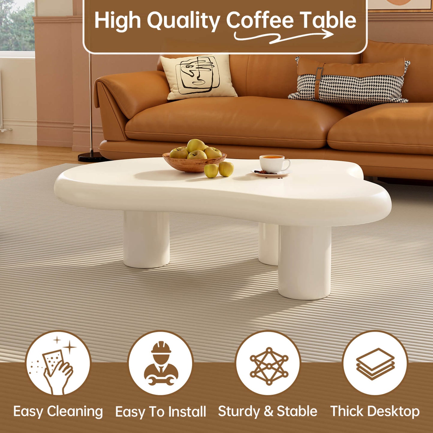 Guyii 41.02" White Cloud Coffee Table, Cute Modern Coffee Table with 3-Leg Design-Q1522DE