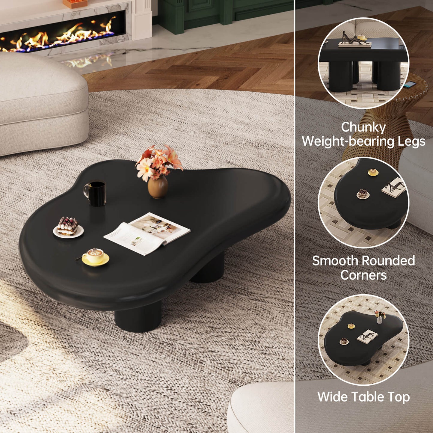 Guyii 46.06" Black Cloud Coffee Table, Cute Modern Coffee Table with 4-Leg Design