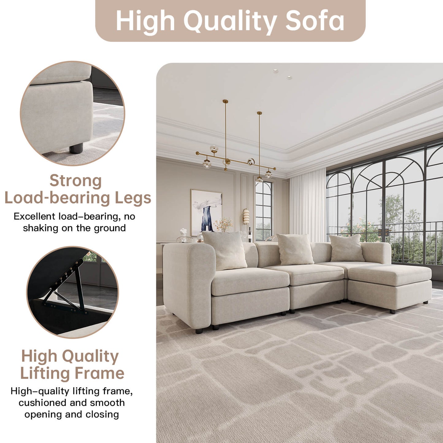 Guyii Beige Velvet Sectional Sofa, Modern Oversized 4-Seater Couch with 3 Pillows and 1 Storage Ottoman