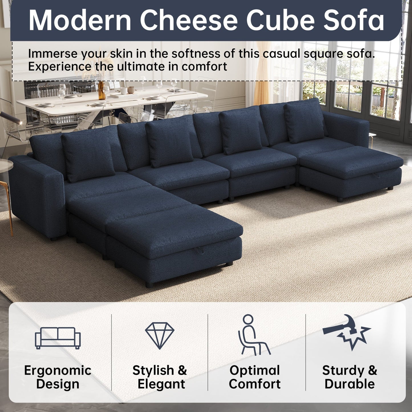 Guyii Oversized Sectional Sofa with Storage Ottoman, 4-9 Deep Seat Modular Couch for Living Room, Blue Fabric