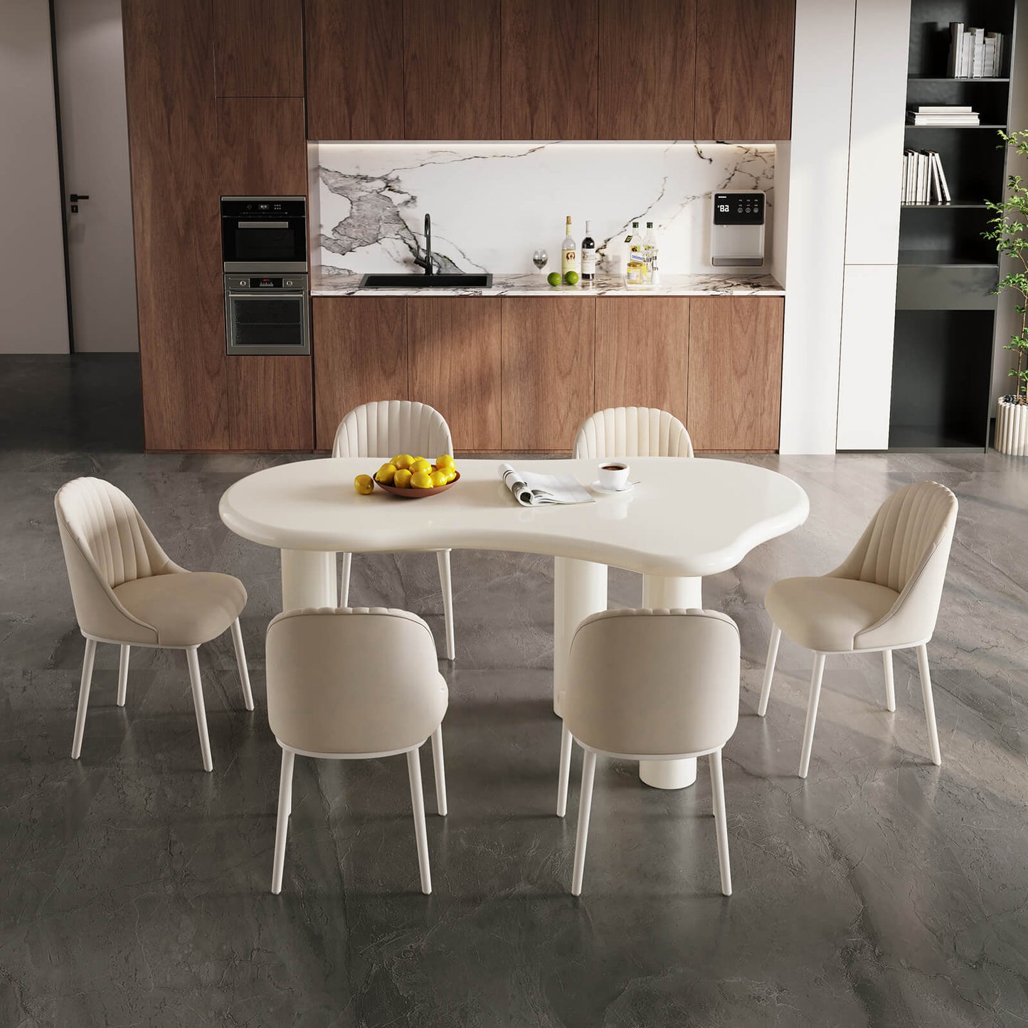 Guyii Modern Cream White Dining Table Set 62" Irregular with 6 Chairs for Kitchen