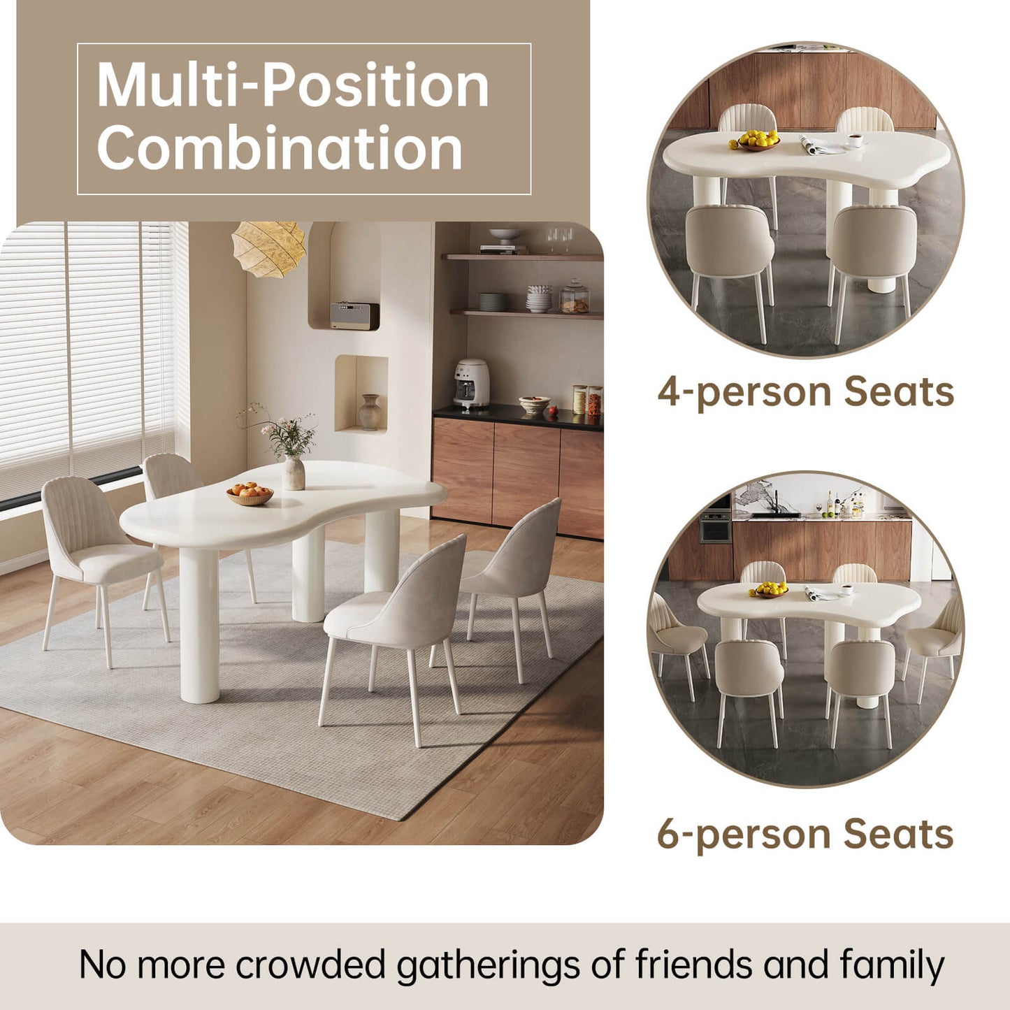 Guyii Modern Cream White Dining Table Set 62" Irregular with 6 Chairs for Kitchen