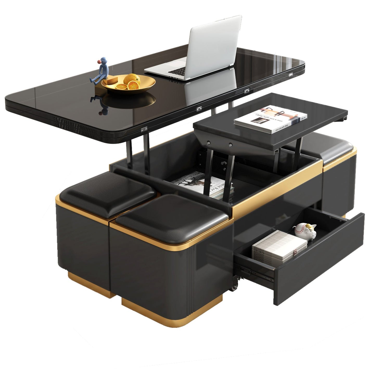 Guyii 47" Multifunctional Lift Top Coffee Table, Extendable Coffee Table with 4 Storage Stools