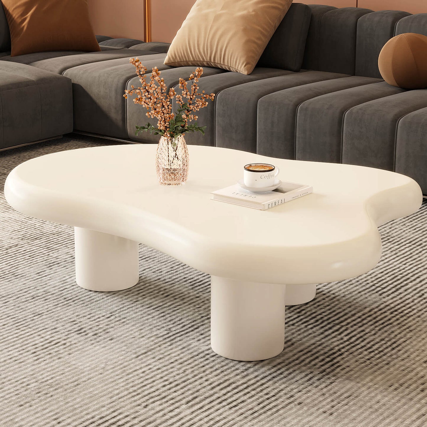 Guyii 41.02" White Cloud Coffee Table, Cute Modern Coffee Table with 3-Leg Design-Q1522DE