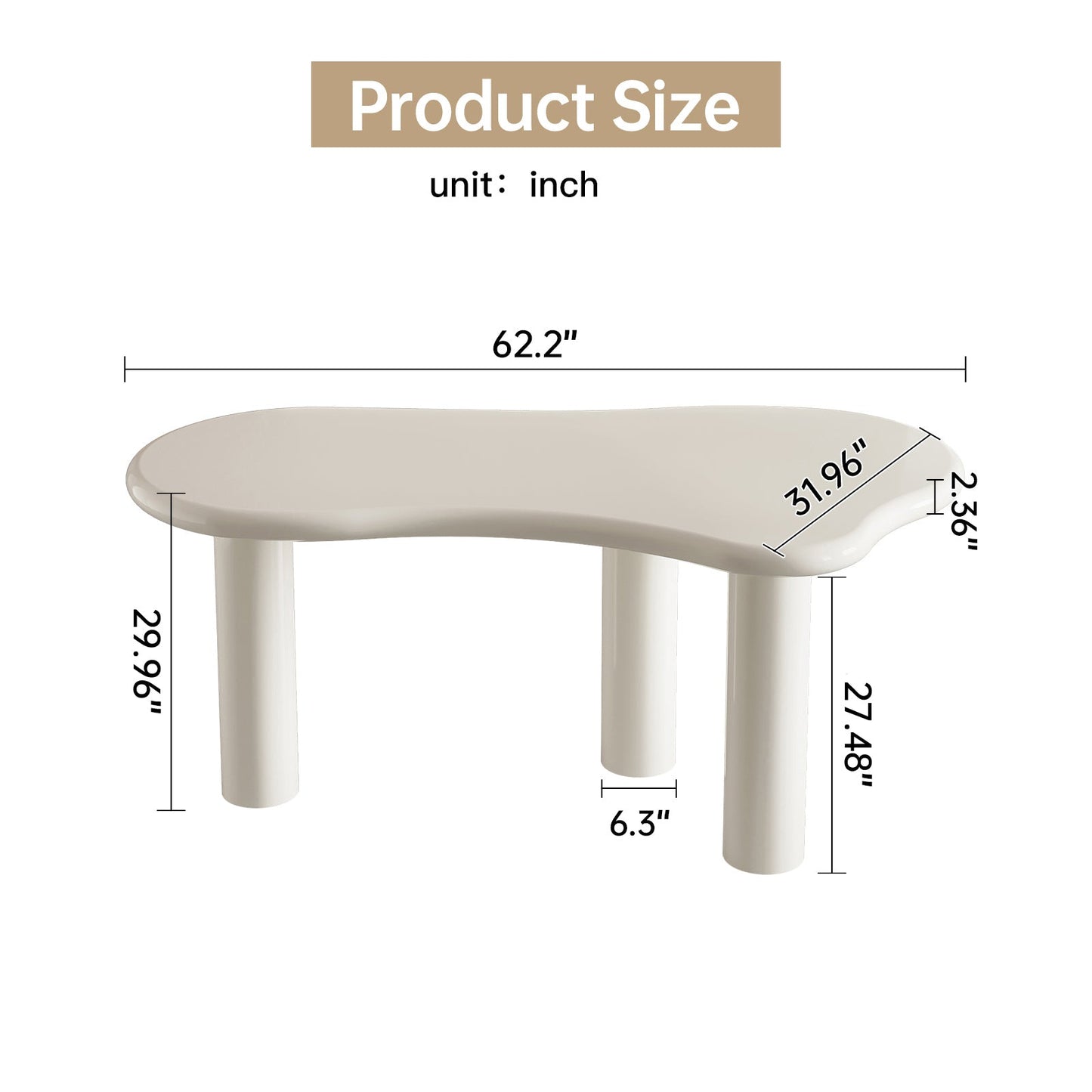 Guyii Modern Cream White Irregular Dining Table 62" with 3 Legs for Kitchen