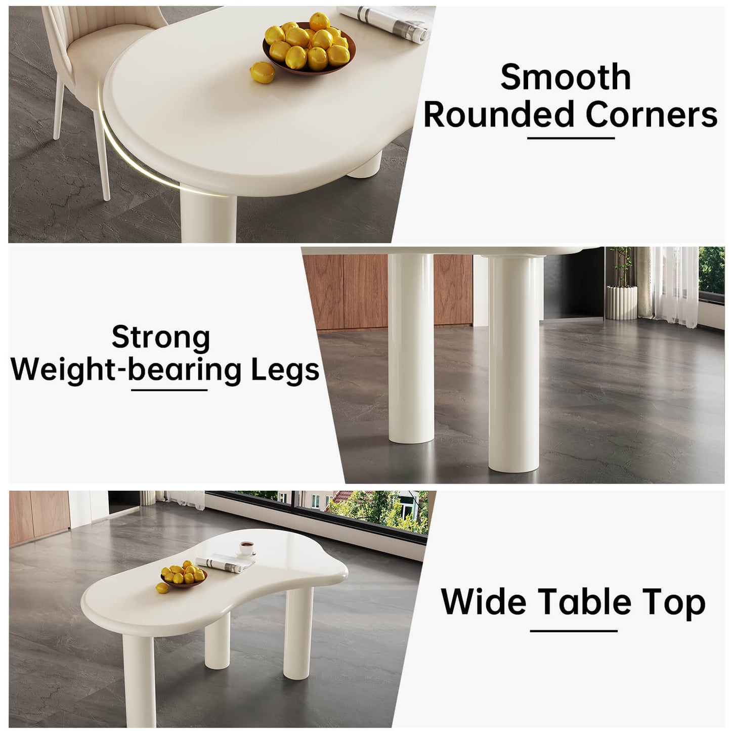 Guyii Modern Cream White Dining Table Set 62" Irregular with 4 Chairs for Kitchen