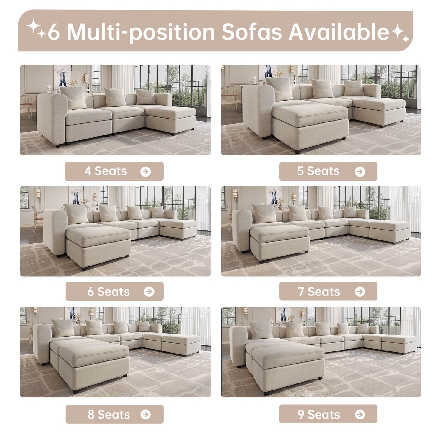 Guyii Beige Velvet Sectional Sofa, Modern Oversized 5-Seater Couch with 3 Pillows and 2 Storage Ottomans