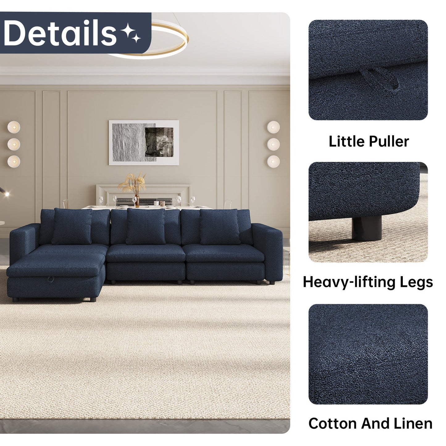 Guyii Oversized Sectional Sofa with Storage Ottoman, 4-9 Deep Seat Modular Couch for Living Room, Blue Fabric
