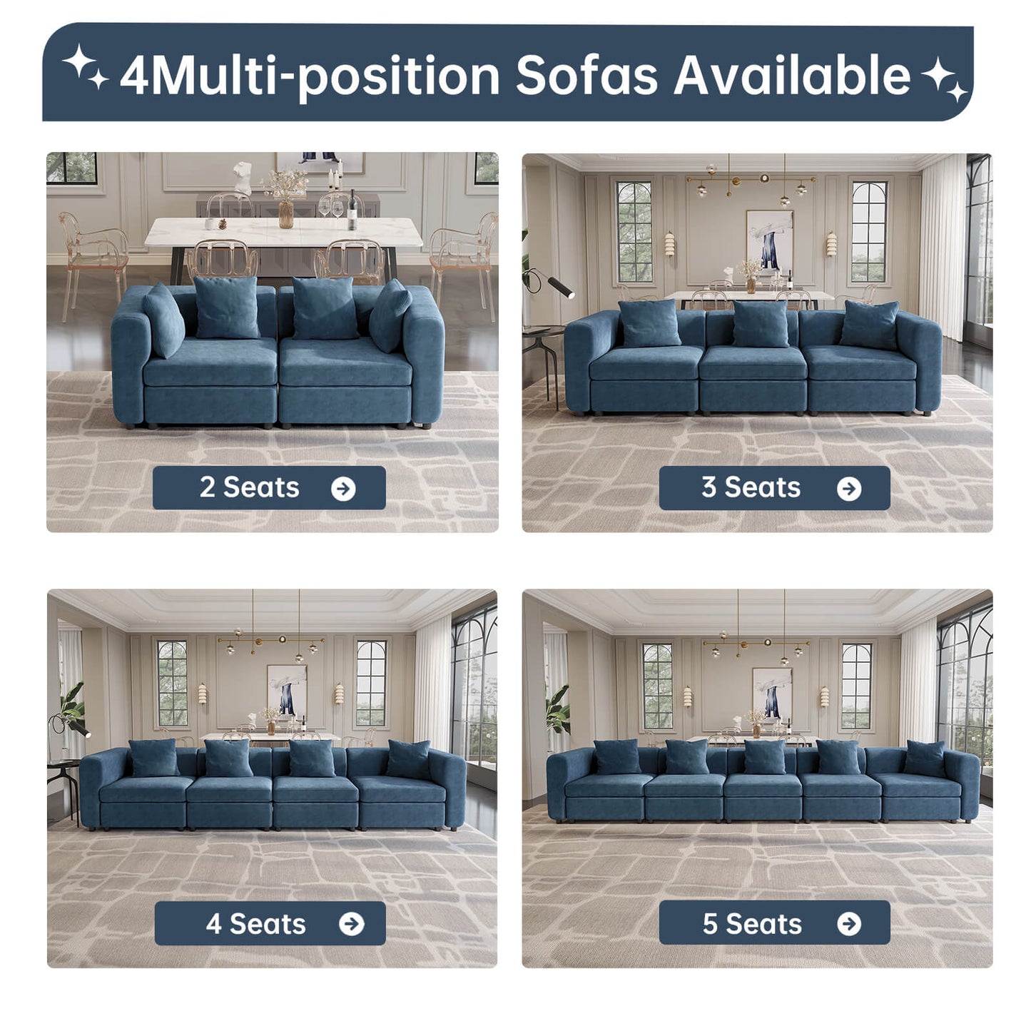 Guyii Blue Velvet Sectional Sofa, Modern Oversized 3-Seat Couch with 3 Pillows