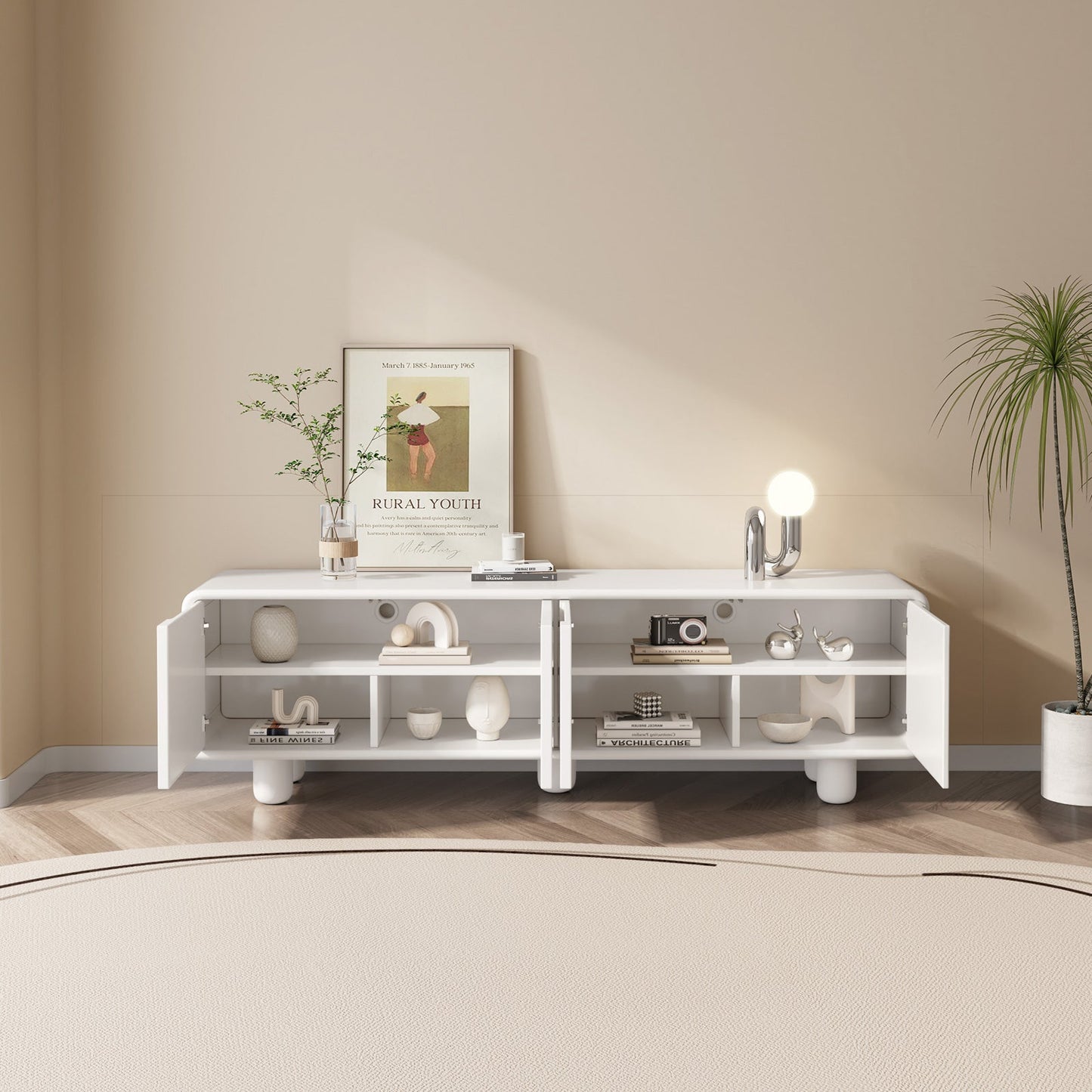 Guyii 68.89" Modern TV Cabinet, Creamy White TV Stand with 4 Storage Cabinets