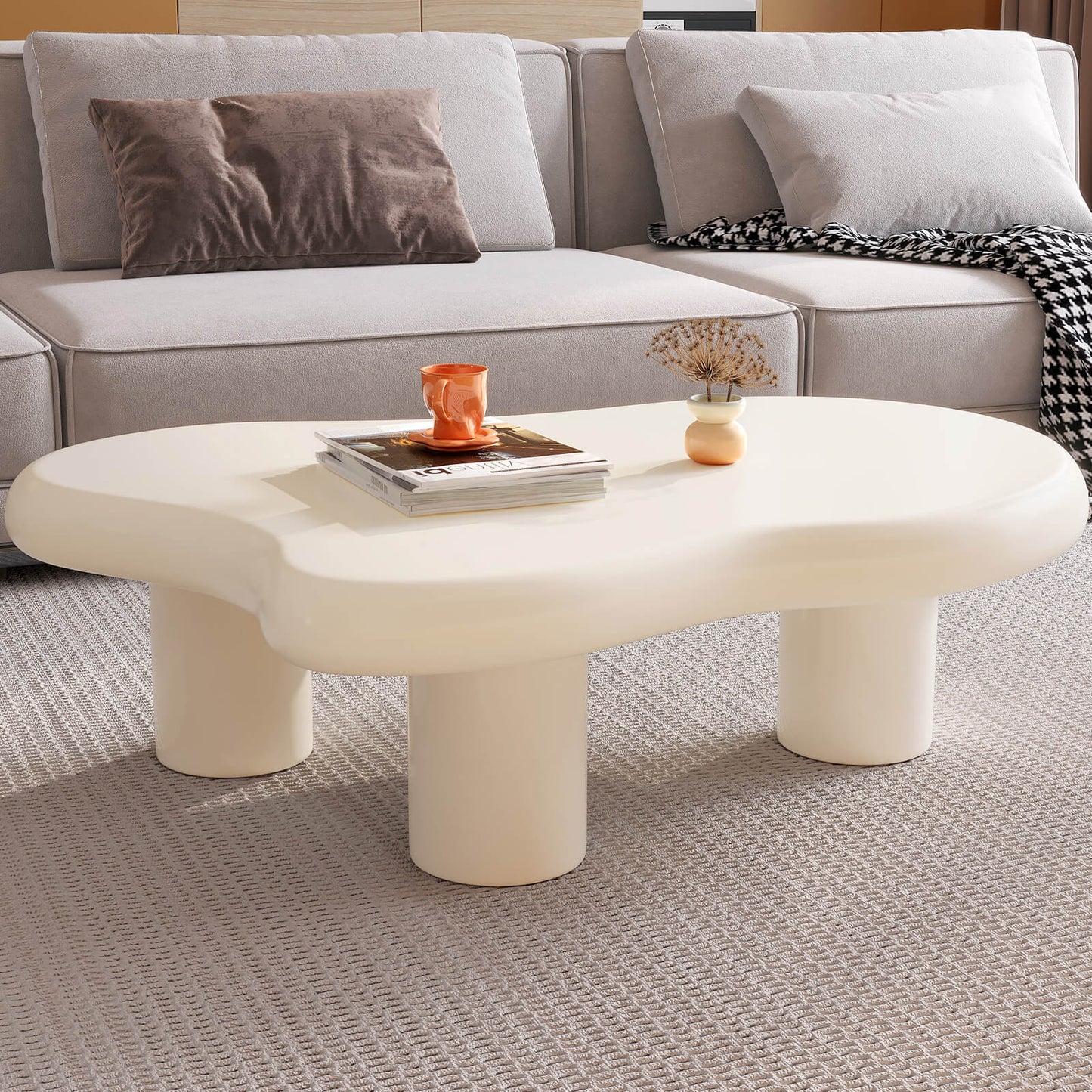 Guyii 41.02" White Cloud Coffee Table, Cute Modern Coffee Table with 3-Leg Design-Q1522DE