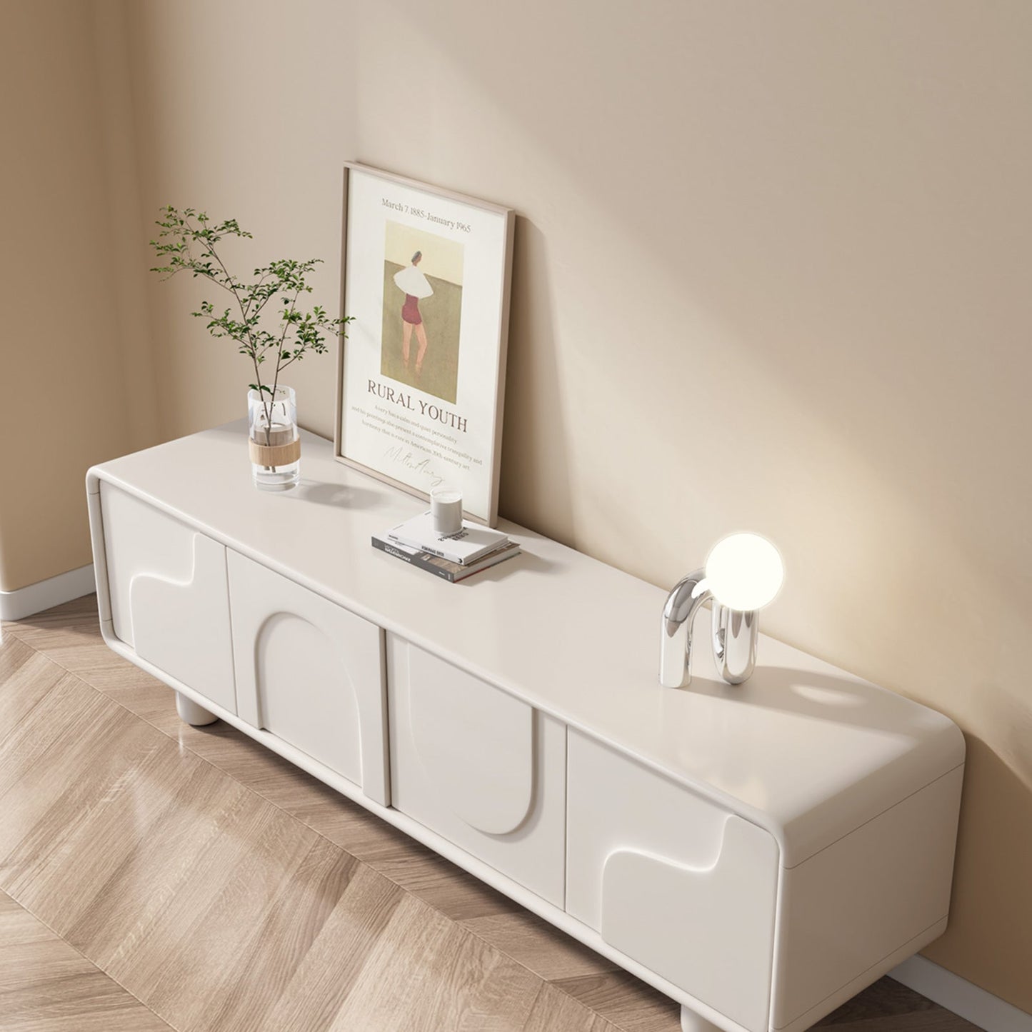 Guyii 68.89" Modern TV Cabinet, Creamy White TV Stand with 4 Storage Cabinets