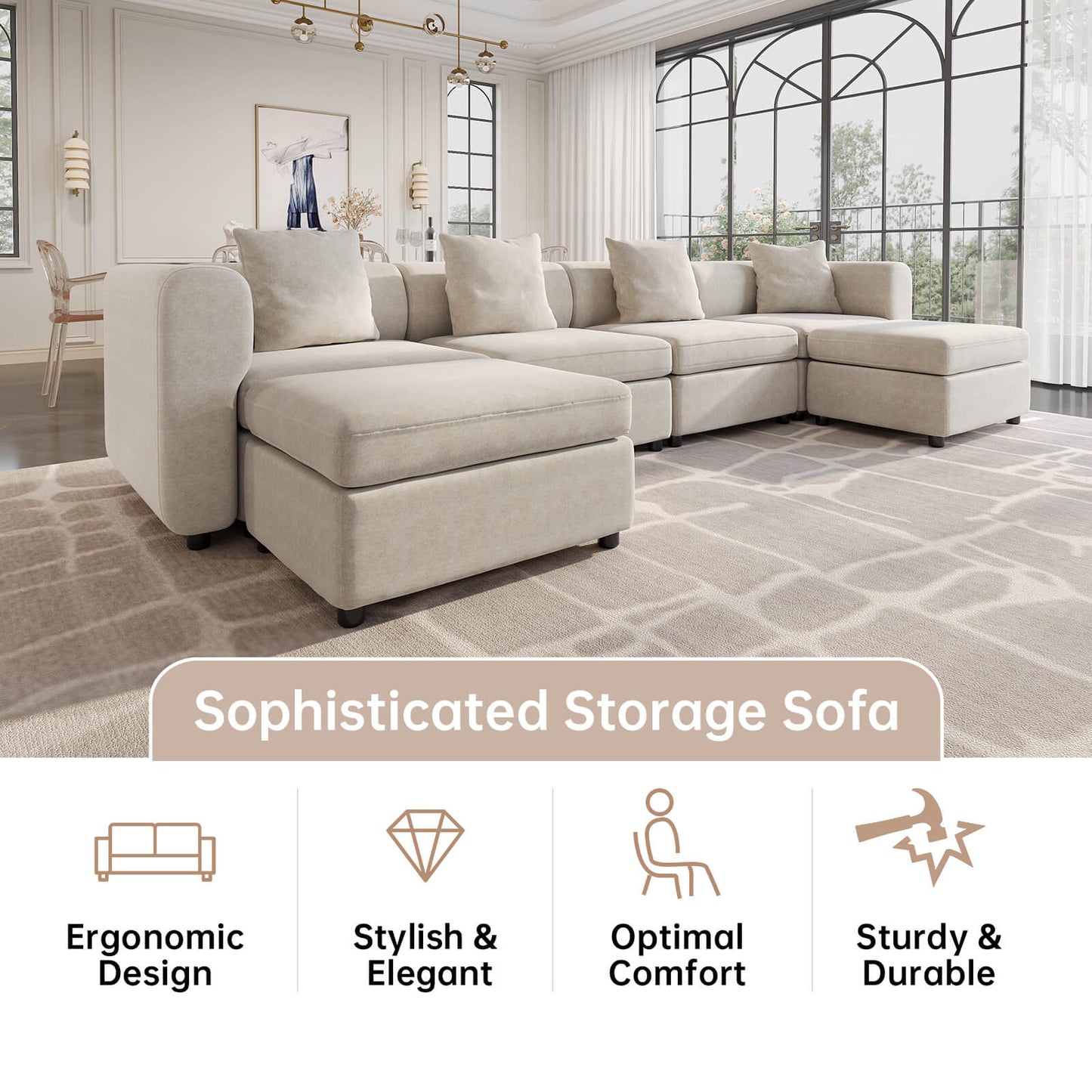Guyii Beige Velvet Sectional Sofa, Modern Oversized 7-Seater Couch with 4 Pillows and 3 Storage Ottomans