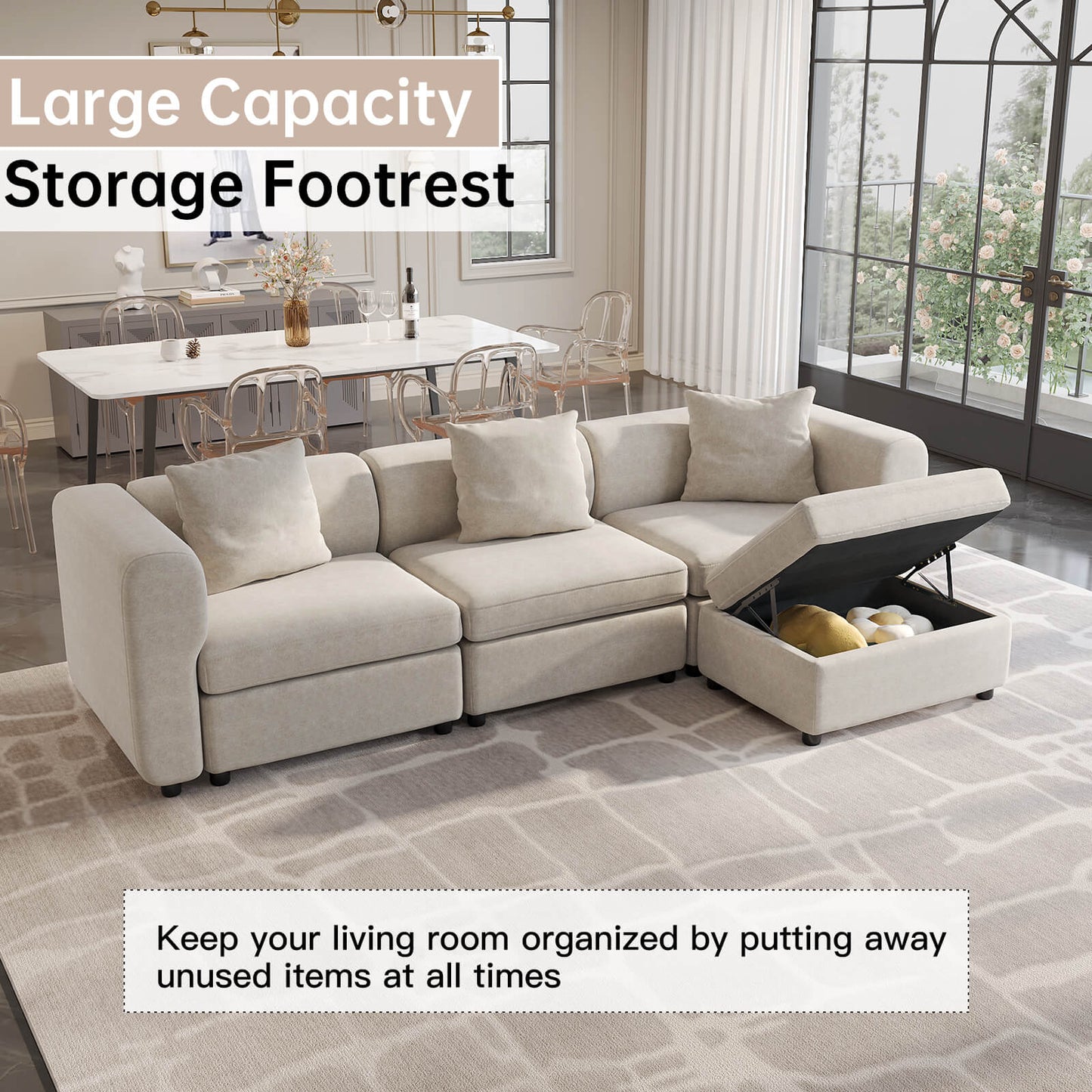 Guyii Beige Velvet Sectional Sofa, Modern Oversized 5-Seater Couch with 3 Pillows and 2 Storage Ottomans