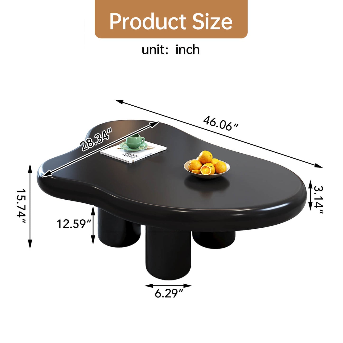 Guyii 46.06" Black Cloud Coffee Table, Cute Modern Coffee Table with 4-Leg Design