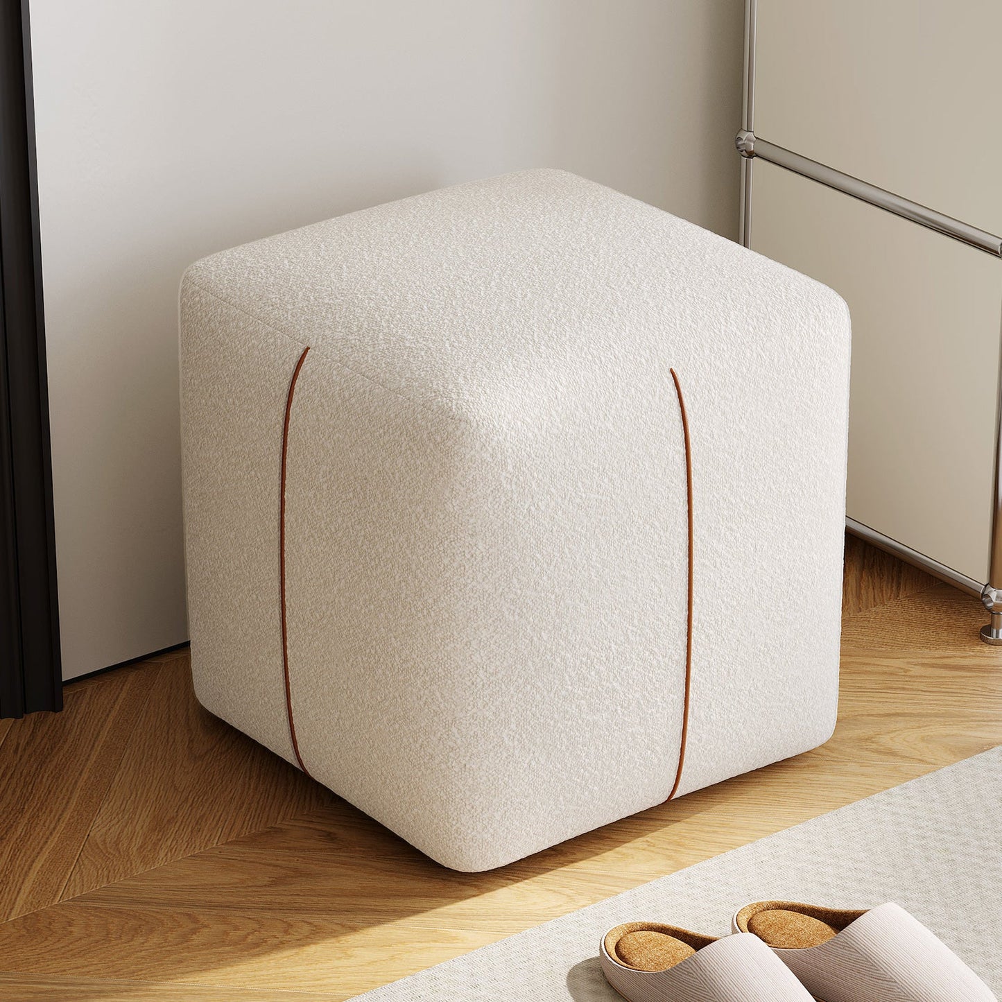 Guyii Beige Square Stool – Modern Upholstered Low Ottoman for Bedroom, Living Room, Entryway