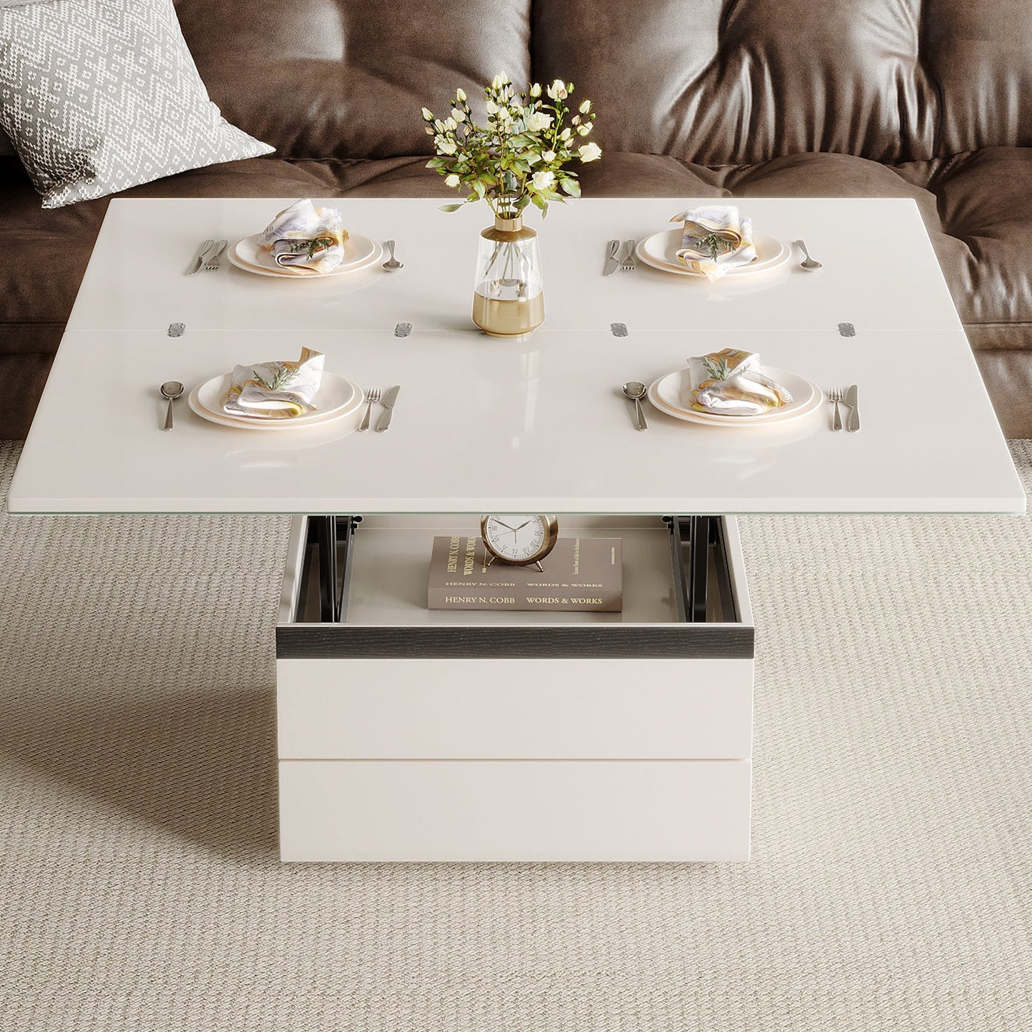 Guyii Extendable Coffee Table with 4 Storage Stools, Multifunctional Lift Top Folding Dining Table for Living Room|G520-UK