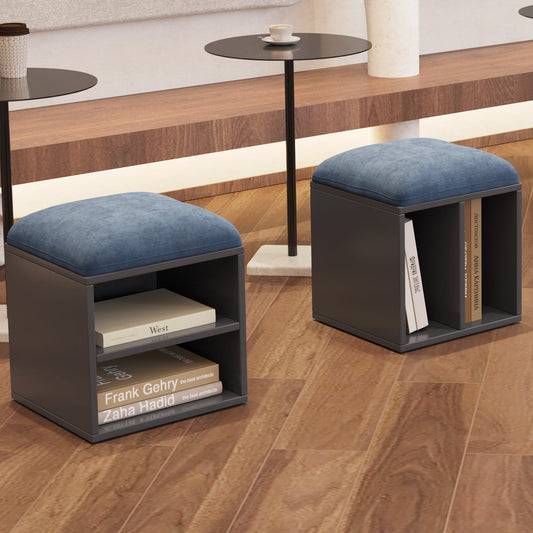 Guyii Velvet Shoe Stool with Padded Seat, Blue Entryway Stools with Storage, Multi-Functional Stool