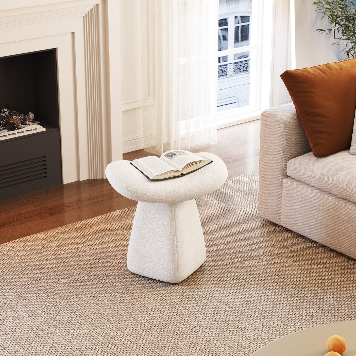Guyii Boucle Curved Saddle Makeup Stool, Modern Footrest for Dressing Table, Entryway, Living Room