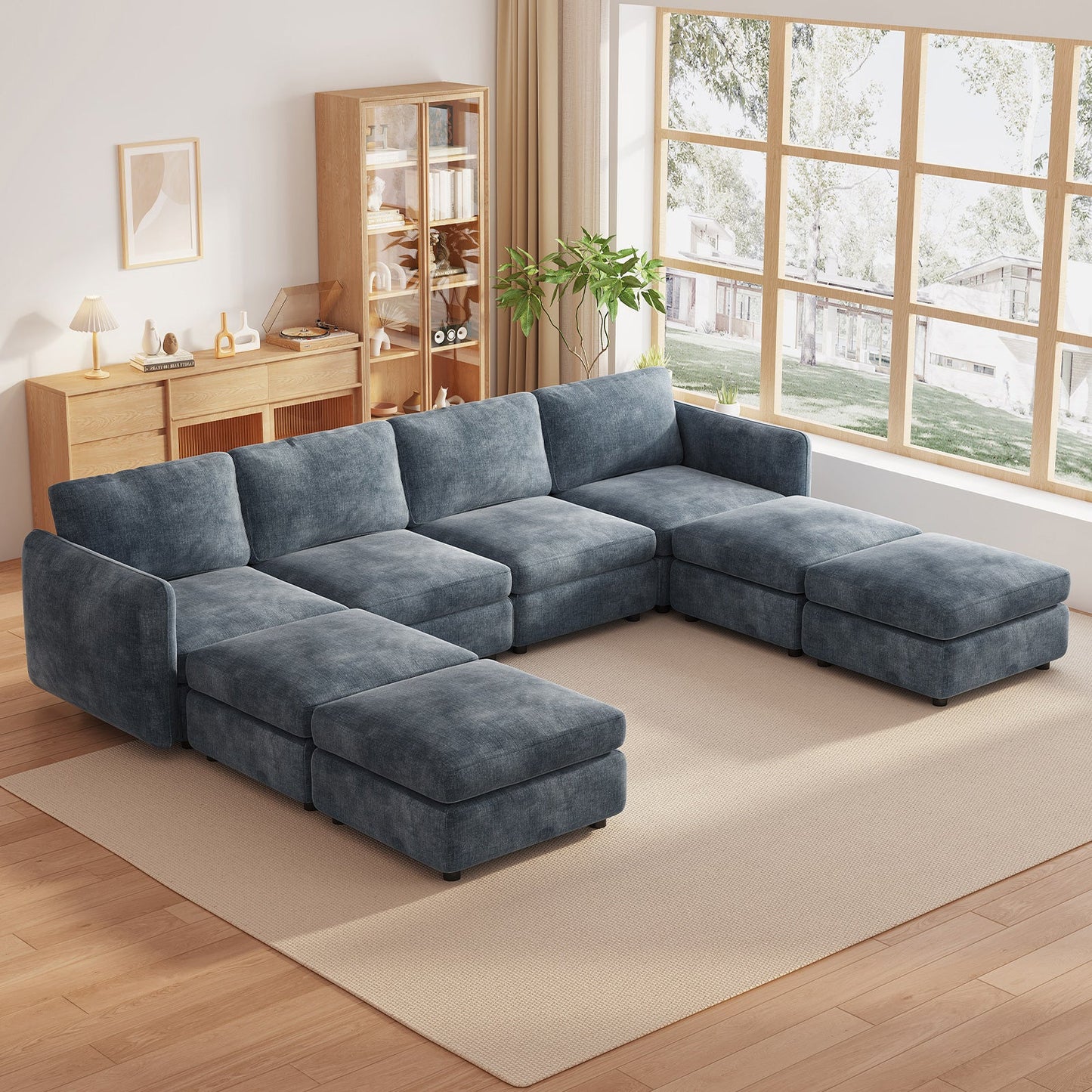 Guyii  Oversized U-Shaped Modular Sectional Sofa with Storage Ottomans, 5-9 Seater  Couch for Living Room, Blue Fabric, Easy Assembly