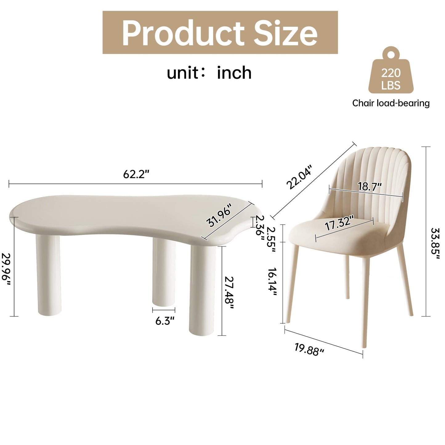 Guyii Modern Cream White Dining Table Set 62" Irregular with 6 Chairs for Kitchen