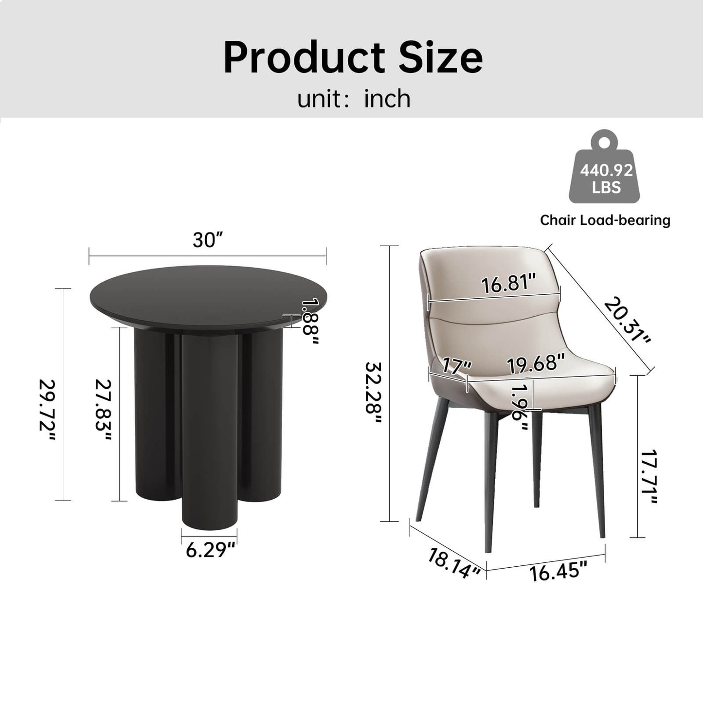 Guyii 30" Black Dining Table Set with 2 Chairs, Modern Round Kitchen Table | L5294-DE