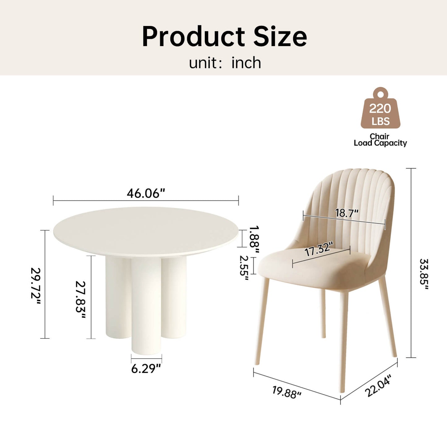 Guyii 46.06" Cream White Dining Table Set with 2 Chairs, Modern Round Kitchen Table | L5294-DE