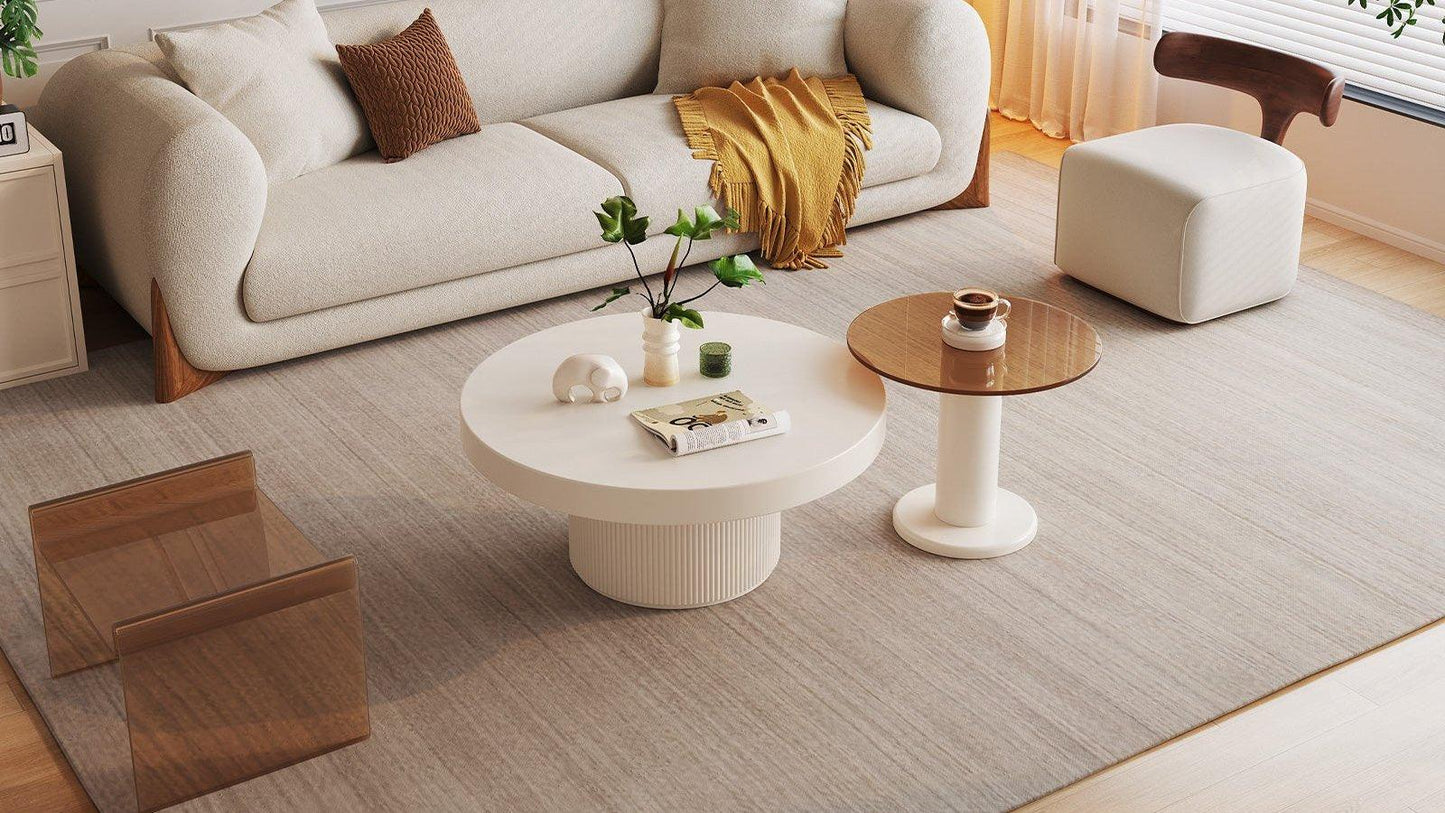 Guyii Round Nested Coffee Table Set, Creamy White & Glass Side Table for Living Room
