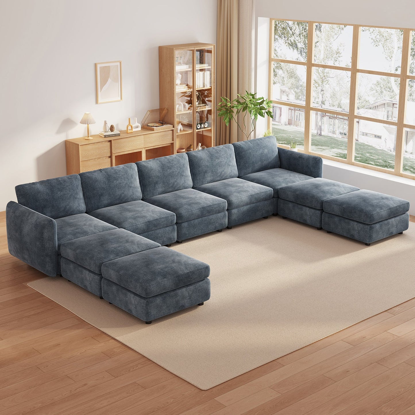 Guyii  Oversized U-Shaped Modular Sectional Sofa with Storage Ottomans, 5-9 Seater  Couch for Living Room, Blue Fabric, Easy Assembly