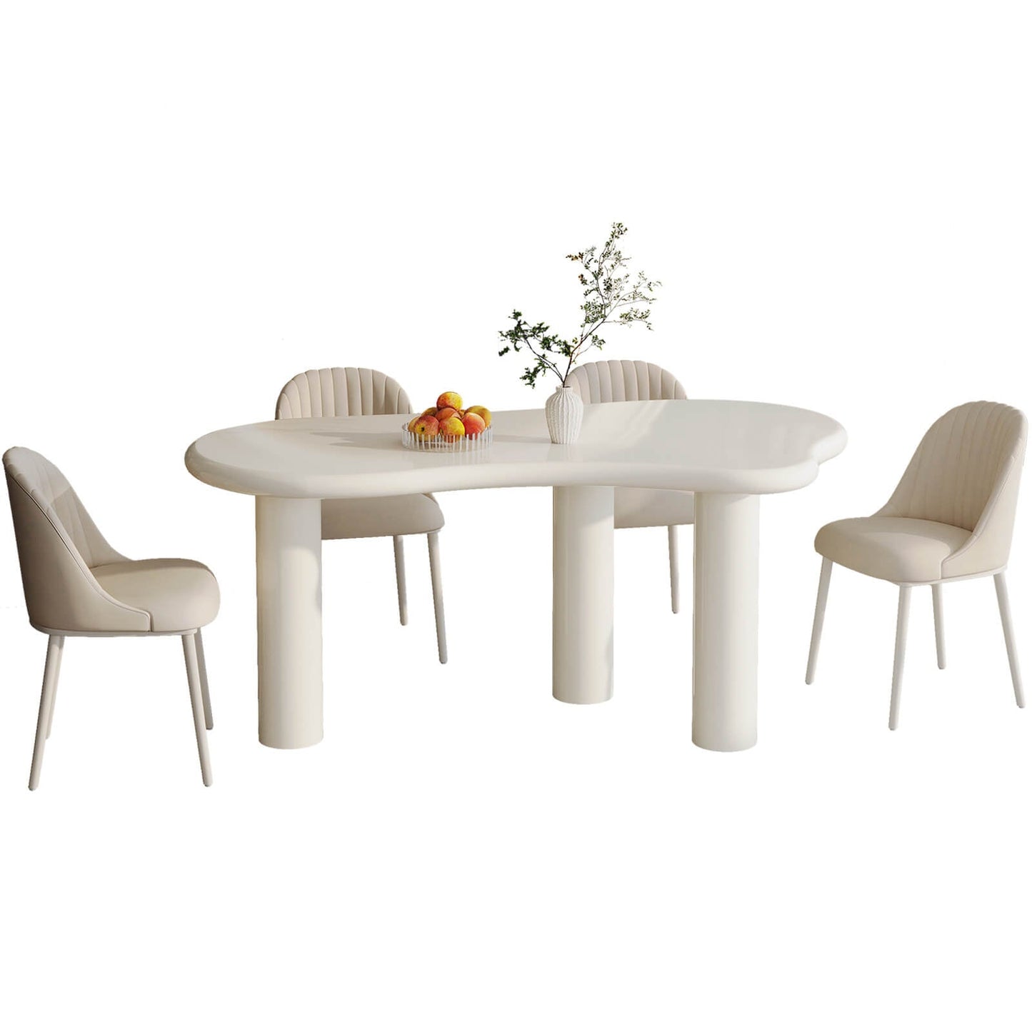Guyii Modern Cream White Dining Table Set 62" Irregular with 4 Chairs for Kitchen