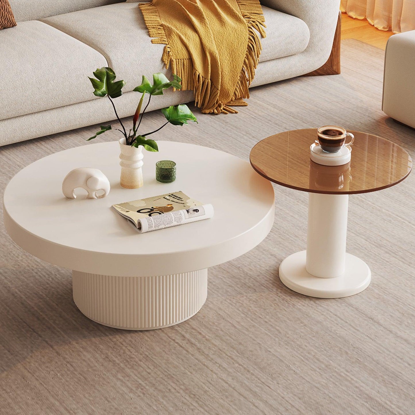 Guyii Round Nested Coffee Table Set, Creamy White & Glass Side Table for Living Room