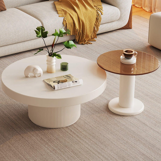 Guyii Round Nested Coffee Table Set, Creamy White & Glass Side Table for Living Room