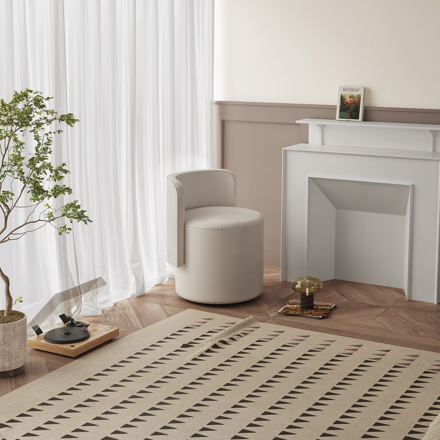 Guyii Cream White Rotating Ottoman Stool with Curved Backrest, Vanity Chair, Adjustable Makeup Pouf Seat for Living Room & Bedroom