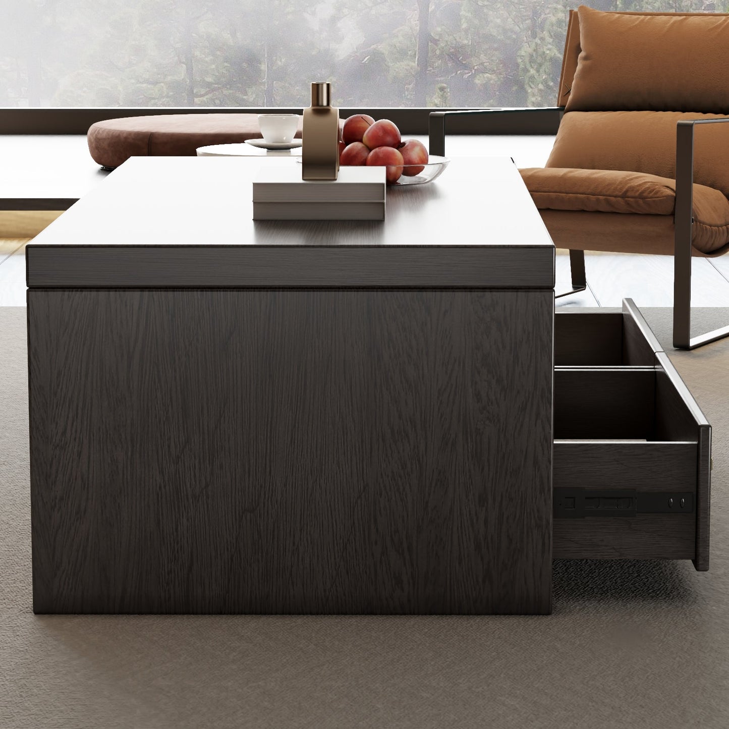 Guyii Walnut Brown Coffee Table with Storage, 47", 2 Drawers & Open Shelf