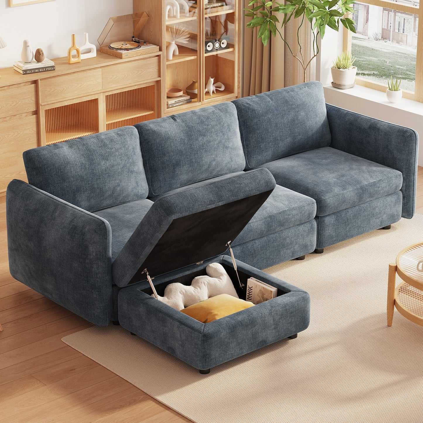 Guyii  Oversized U-Shaped Modular Sectional Sofa with Storage Ottomans, 5-9 Seater  Couch for Living Room, Blue Fabric, Easy Assembly