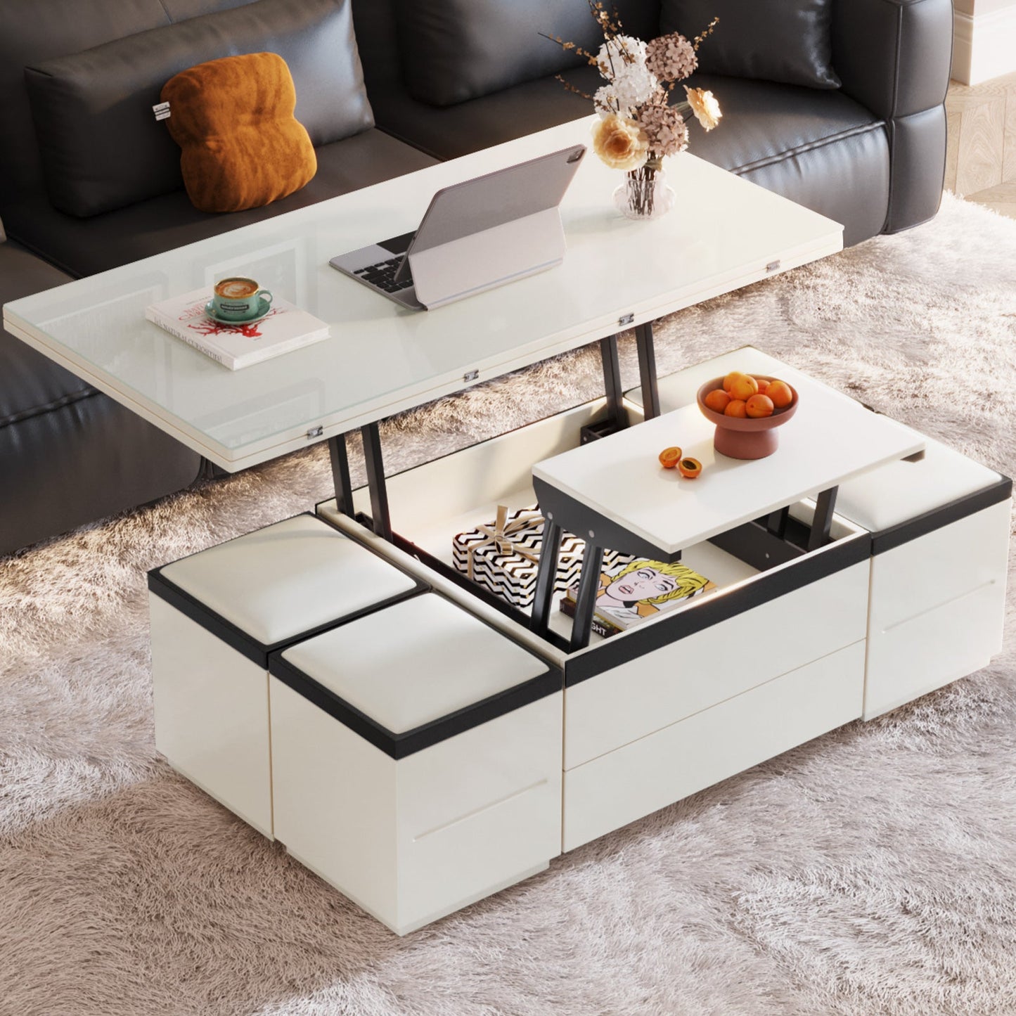 Guyii Extendable Coffee Table with 4 Storage Stools, Multifunctional Lift Top Folding Dining Table for Living Room|G520-UK