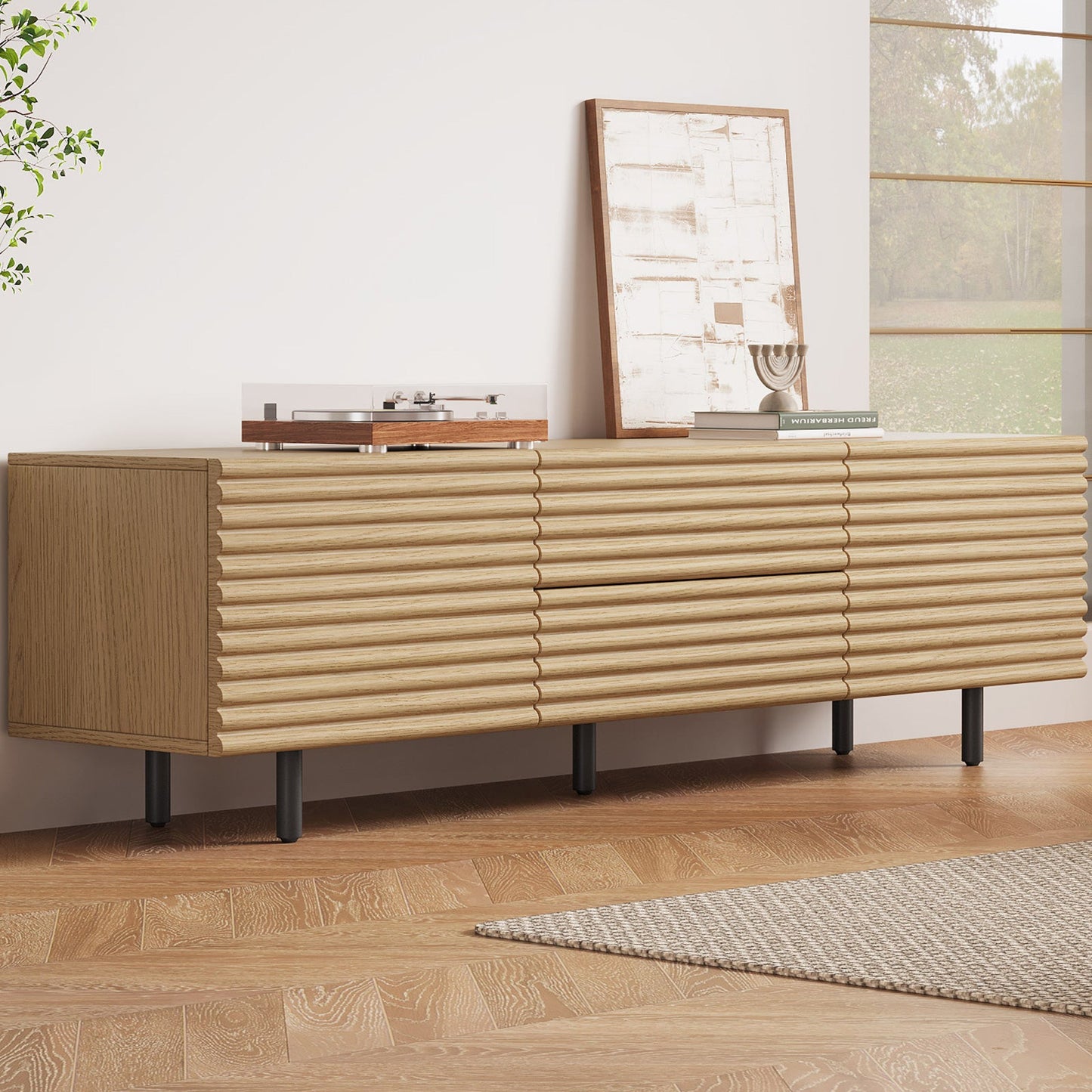 Guyii Modern TV Stand – Wood Color TV Cabinet with 2 Cabinets and 2 Storage Drawers for Living Room, Bedroom, and Home Entertainment