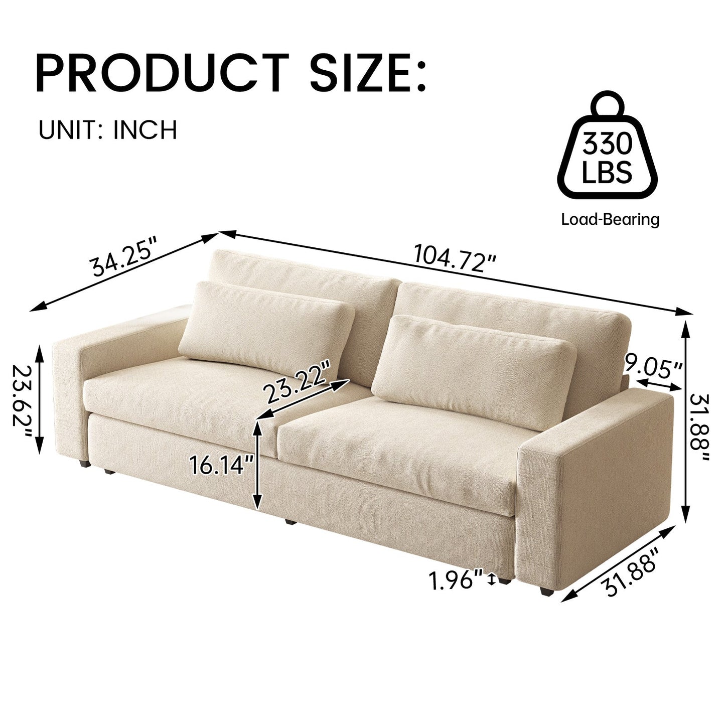 Guyii 104.72" Oversized Sofa, Extra-Wide & Deep Loveseat Sofa, 3 Seater Sofa with 2 Pillows