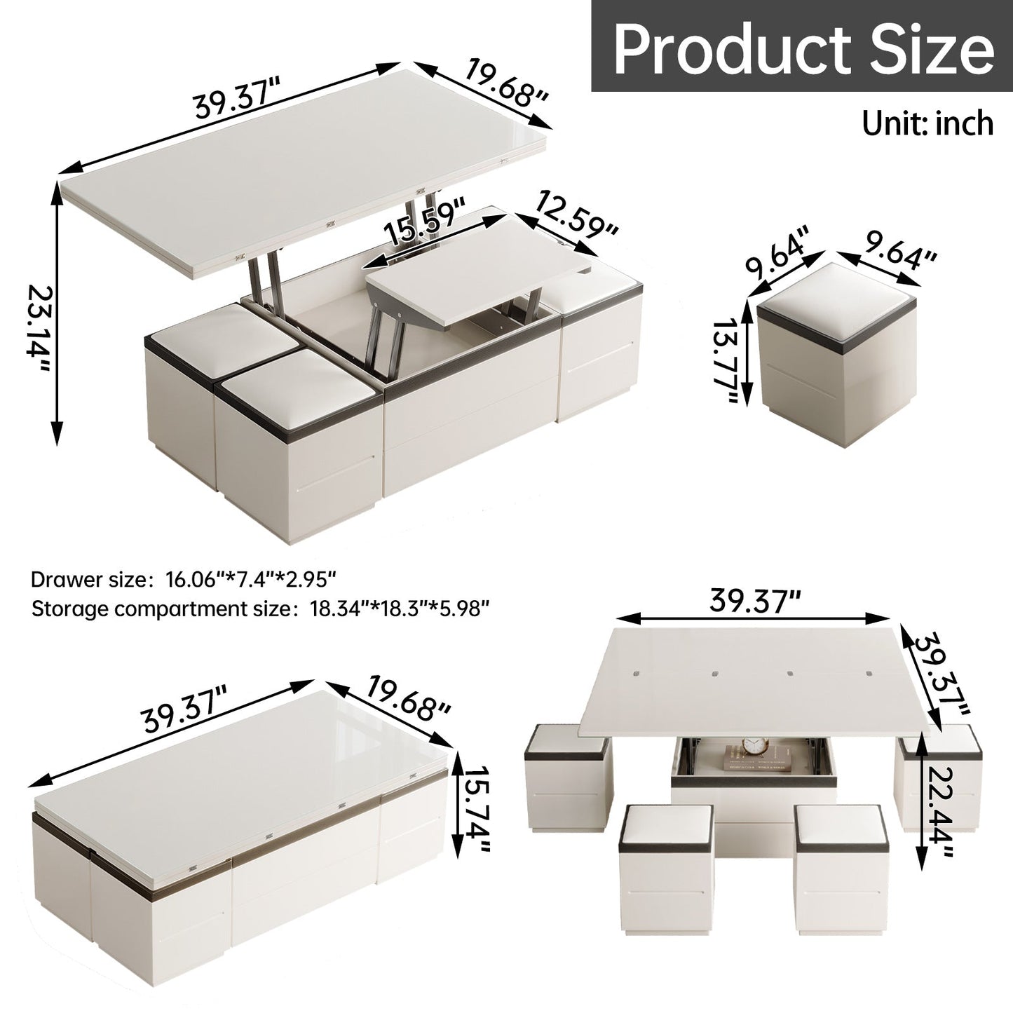 Guyii Extendable Coffee Table with 4 Storage Stools, Multifunctional Lift Top Folding Dining Table for Living Room|G520-UK